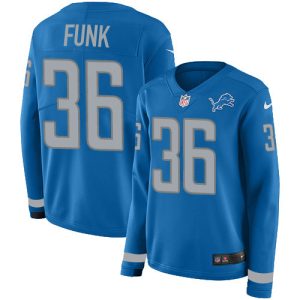 Superb Lions #36 Jake Funk Blue Team Color Women's Stitched NFL Limited Therma Long Sleeve Jersey