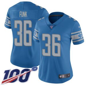 Premium Lions #36 Jake Funk Blue Team Color Women's Stitched NFL 100th Season Vapor Untouchable Limited Jersey