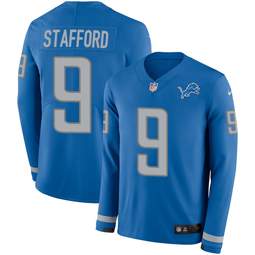 Premium Lions #9 Matthew Stafford Light Blue Team Color Youth Stitched NFL Limited Therma Long Sleeve Jersey