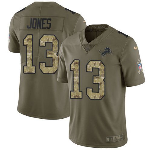 Premium Lions #13 T.J. Jones Olive/Camo Youth Stitched NFL Limited 2017 Salute to Service Jersey