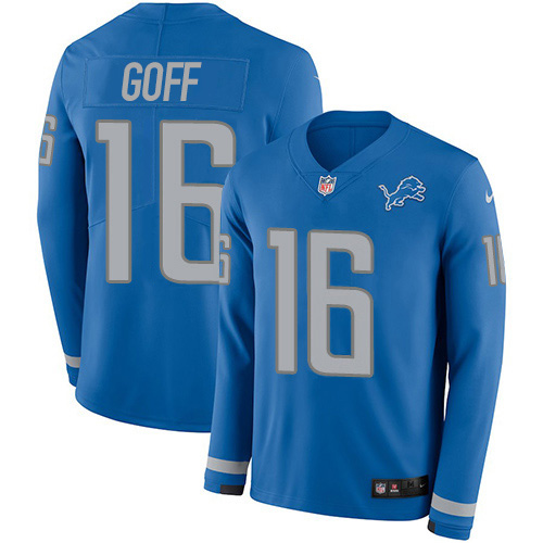 High quality Detroit Lions #16 Jared Goff Blue Team Color Youth Stitched NFL Limited Therma Long Sleeve Jersey
