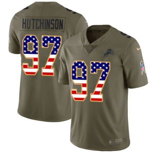 Gorgeous Lions #97 Aidan Hutchinson Olive/USA Flag Youth Stitched NFL Limited 2017 Salute To Service Jersey