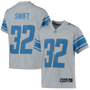 Premium Detroit Lions #32 D'Andre Swift Youth Silver Inverted Team Game Jersey