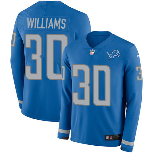 Gorgeous Lions #30 Jamaal Williams Blue Team Color Youth Stitched NFL Limited Therma Long Sleeve Jersey