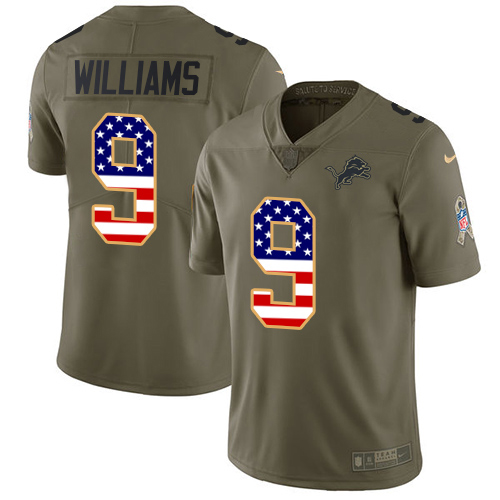 Gorgeous Lions #9 Jameson Williams Olive/USA Flag Youth Stitched NFL Limited 2017 Salute To Service Jersey