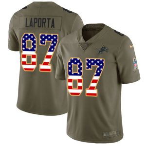 Outstanding Lions #87 Sam LaPorta Olive/USA Flag Youth Stitched NFL Limited 2017 Salute To Service Jersey