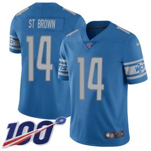 Premium Lions #14 Amon-Ra St. Brown Blue Team Color Youth Stitched NFL 100th Season Vapor Untouchable Limited Jersey