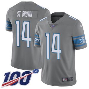 Exquisite Lions #14 Amon-Ra St. Brown Gray Youth Stitched NFL Limited Rush 100th Season Jersey