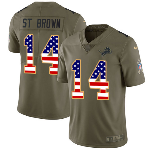 Exceptional Lions #14 Amon-Ra St. Brown Olive/USA Flag Youth Stitched NFL Limited 2017 Salute To Service Jersey