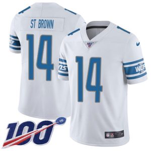 Gorgeous Lions #14 Amon-Ra St. Brown White Youth Stitched NFL 100th Season Vapor Untouchable Limited Jersey