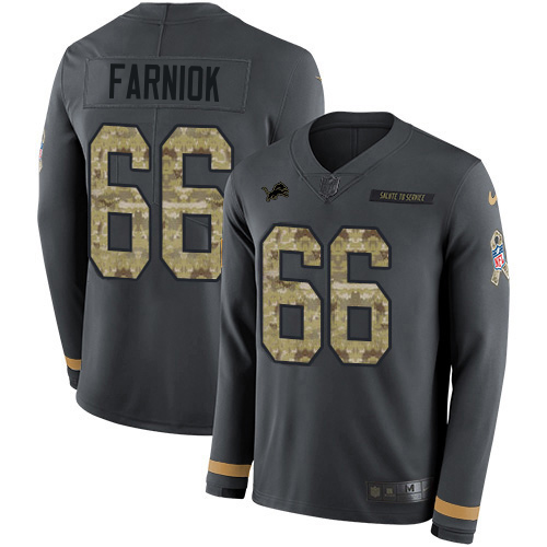 Marvelous Lions #66 Matt Farniok Anthracite Salute to Service Youth Stitched NFL Limited Therma Long Sleeve Jersey