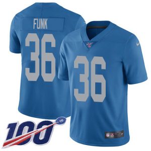 Premium Lions #36 Jake Funk Blue Throwback Youth Stitched NFL 100th Season Vapor Untouchable Limited Jersey