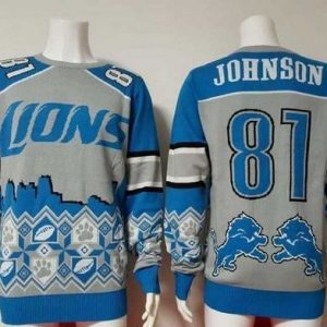 Exquisite Lions #81 Calvin Johnson Blue/Grey Men's Ugly Sweater