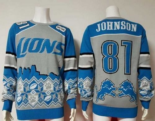 Exquisite Lions #81 Calvin Johnson Blue/Grey Men's Ugly Sweater