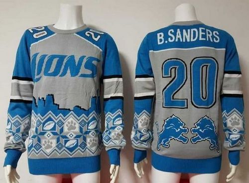 High quality Lions #20 Barry Sanders Blue/Grey Men's Ugly Sweater
