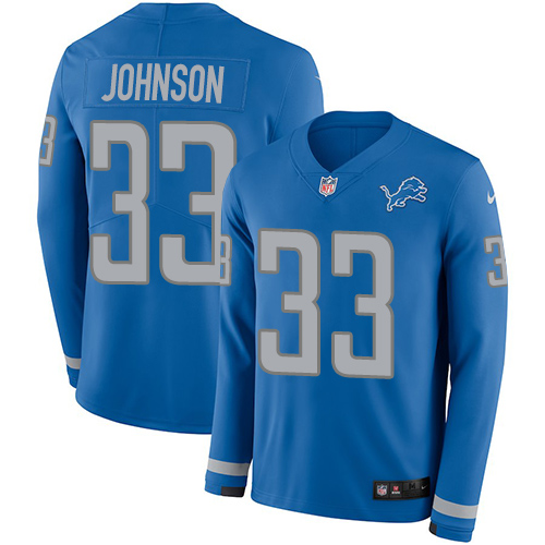 Gorgeous Lions #33 Kerryon Johnson Blue Team Color Men's Stitched NFL Limited Therma Long Sleeve Jersey