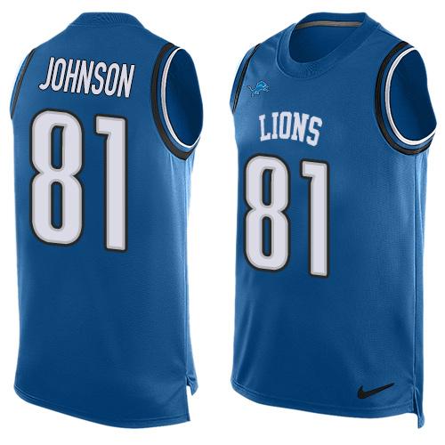 Exquisite Lions #81 Calvin Johnson Blue Team Color Men's Stitched NFL Limited Tank Top Jersey