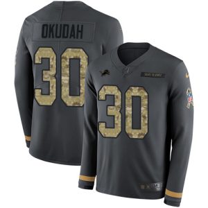 Exquisite Lions #30 Jeff Okudah Anthracite Salute to Service Men's Stitched NFL Limited Therma Long Sleeve Jersey
