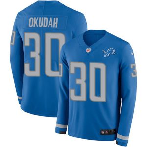 Finest Lions #30 Jeff Okudah Blue Team Color Men's Stitched NFL Limited Therma Long Sleeve Jersey