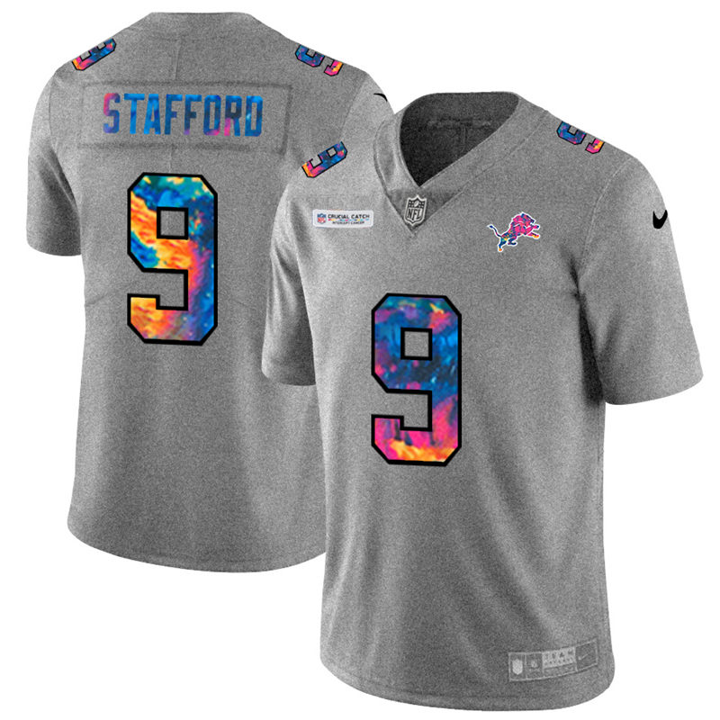 High quality Detroit Lions #9 Matthew Stafford Men's Multi-Color 2020 NFL Crucial Catch NFL Jersey Greyheather