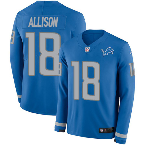 Superb Lions #18 Geronimo Allison Blue Team Color Men's Stitched NFL Limited Therma Long Sleeve Jersey