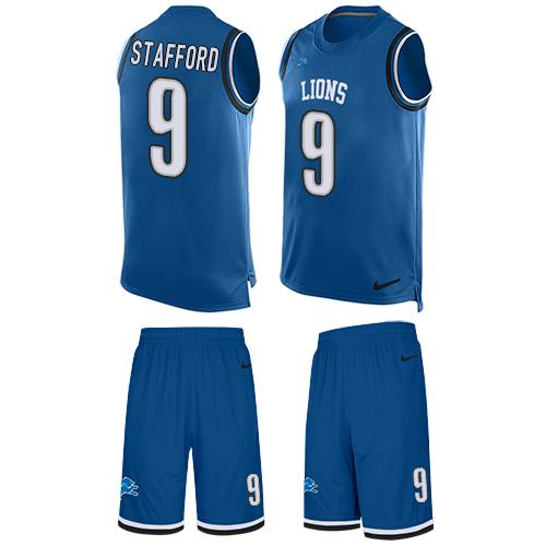 Outstanding Lions #9 Matthew Stafford Blue Team Color Men's Stitched NFL Limited Tank Top Suit Jersey