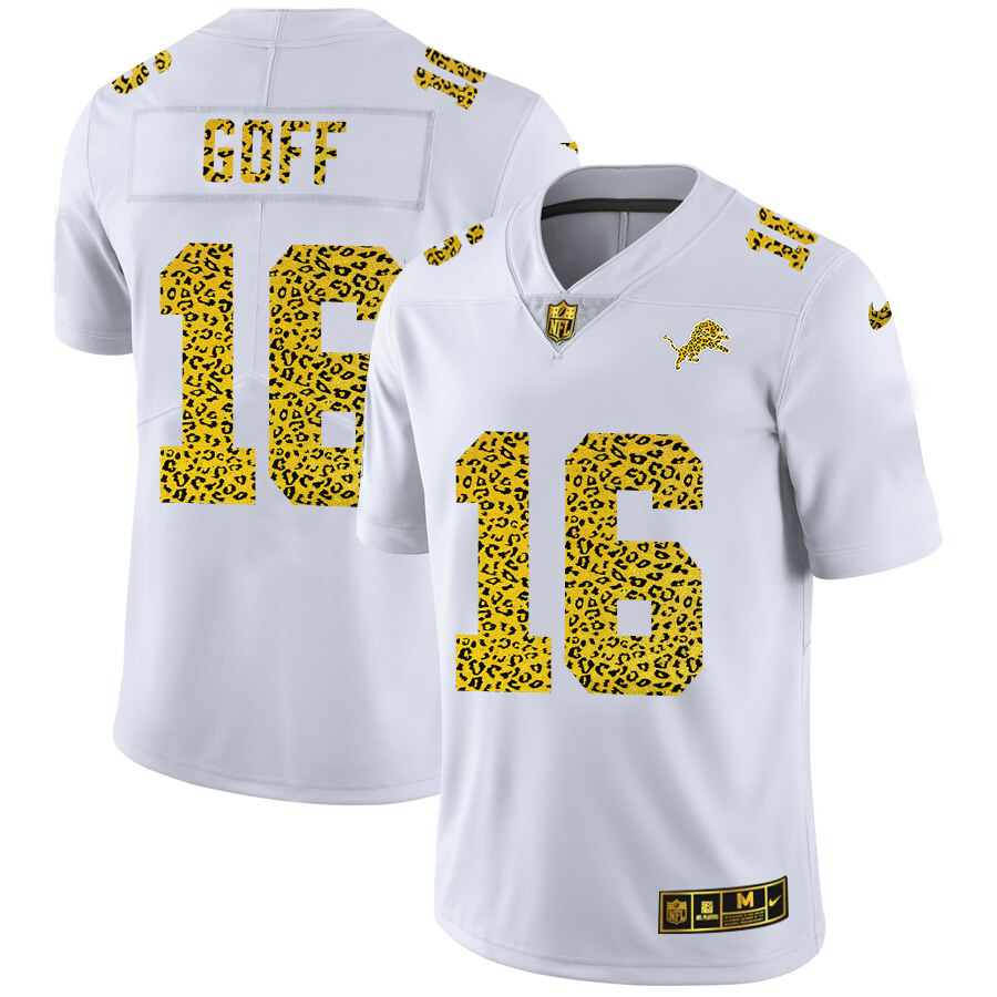 Marvelous Detroit Lions #16 Jared Goff Men's Flocked Leopard Print Vapor Limited NFL Jersey White