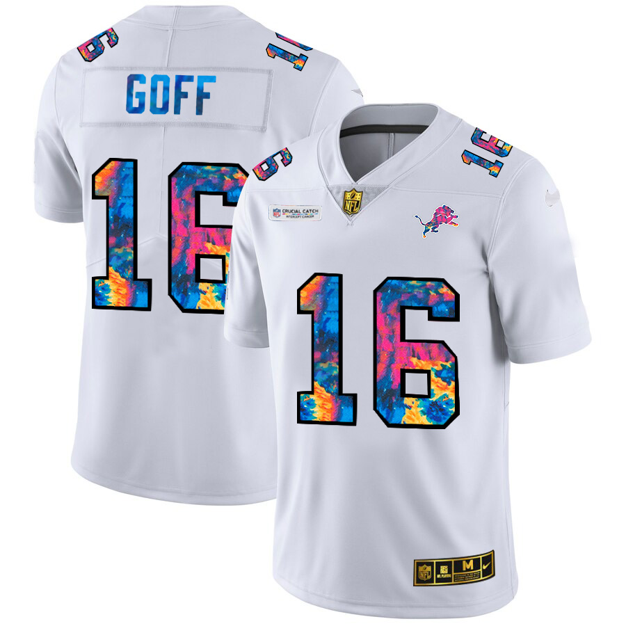 Exceptional Detroit Lions #16 Jared Goff Men's White Multi-Color 2020 NFL Crucial Catch Limited NFL Jersey