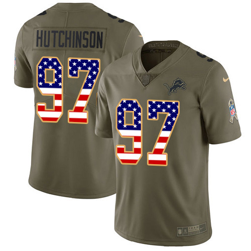 Finest Lions #97 Aidan Hutchinson Olive/USA Flag Men's Stitched NFL Limited 2017 Salute To Service Jersey