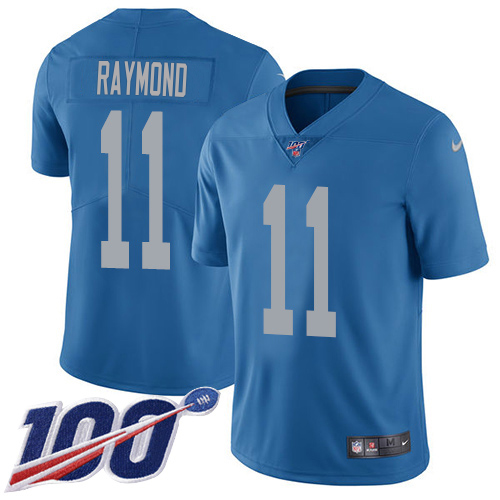 Outstanding Lions #11 Kalif Raymond Blue Throwback Men's Stitched NFL 100th Season Vapor Untouchable Limited Jersey