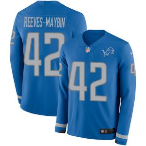 Gorgeous Lions #42 Jalen Reeves-Maybin Blue Team Color Men's Stitched NFL Limited Therma Long Sleeve Jersey