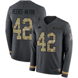 Outstanding Lions #42 Jalen Reeves-Maybin Anthracite Salute to Service Men's Stitched NFL Limited Therma Long Sleeve Jersey