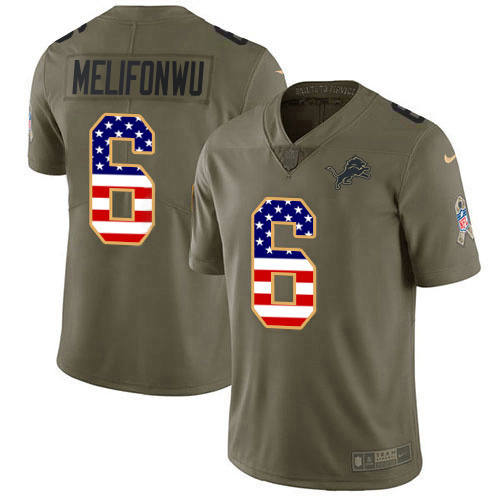 Gorgeous Lions #6 Ifeatu Melifonwu Olive/USA Flag Men's Stitched NFL Limited 2017 Salute To Service Jersey