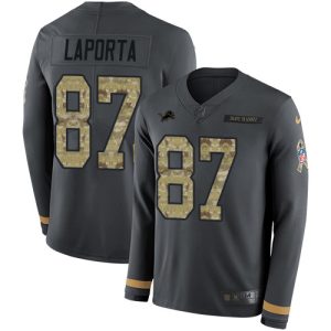 Exquisite Lions #87 Sam LaPorta Anthracite Salute to Service Men's Stitched NFL Limited Therma Long Sleeve Jersey