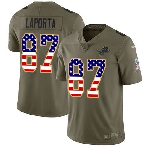 Superb Lions #87 Sam LaPorta Olive/USA Flag Men's Stitched NFL Limited 2017 Salute To Service Jersey