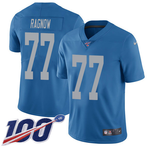 High quality Lions #77 Frank Ragnow Blue Throwback Men's Stitched NFL 100th Season Vapor Untouchable Limited Jersey