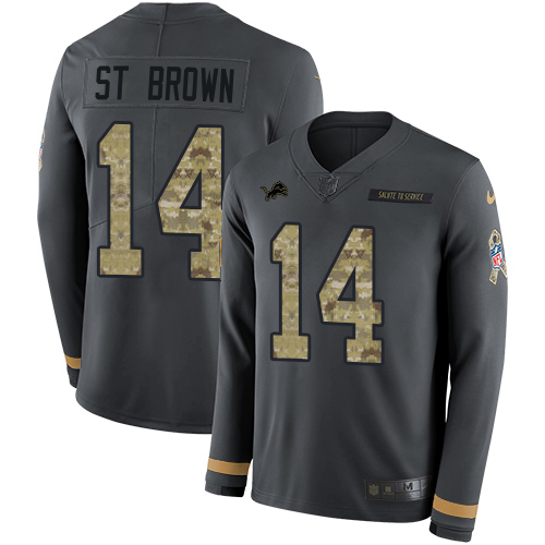 Gorgeous Lions #14 Amon-Ra St. Brown Anthracite Salute to Service Men's Stitched NFL Limited Therma Long Sleeve Jersey
