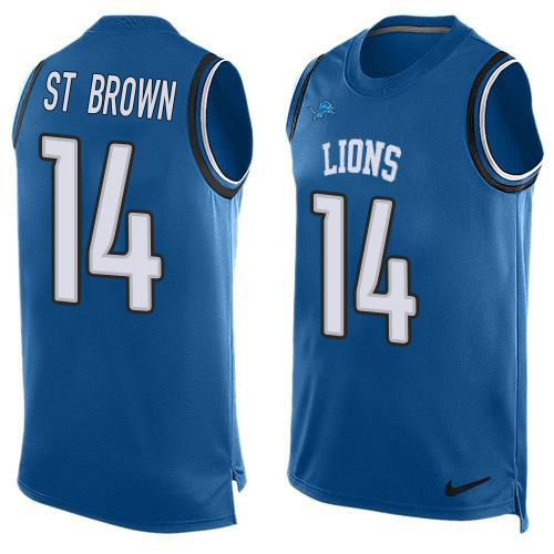Exceptional Lions #14 Amon-Ra St. Brown Blue Team Color Men's Stitched NFL Limited Tank Top Jersey