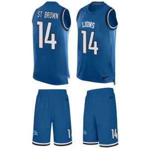 Gorgeous Lions #14 Amon-Ra St. Brown Blue Team Color Men's Stitched NFL Limited Tank Top Suit Jersey
