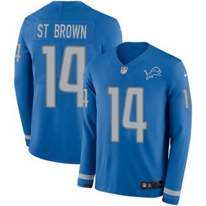High quality Lions #14 Amon-Ra St. Brown Blue Team Color Men's Stitched NFL Limited Therma Long Sleeve Jersey