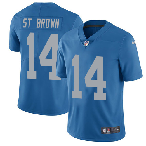 Outstanding Lions #14 Amon-Ra St. Brown Blue Throwback Men's Stitched NFL Vapor Untouchable Limited Jersey