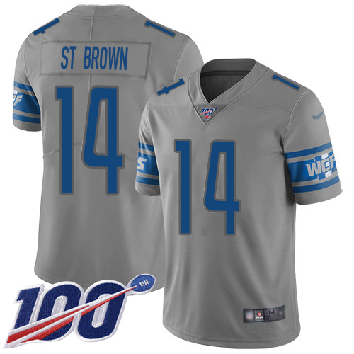 Exceptional Lions #14 Amon-Ra St. Brown Gray Men's Stitched NFL Limited Inverted Legend 100th Season Jersey