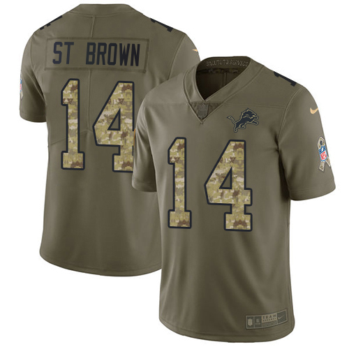 Superior Lions #14 Amon-Ra St. Brown Olive/Camo Men's Stitched NFL Limited 2017 Salute To Service Jersey