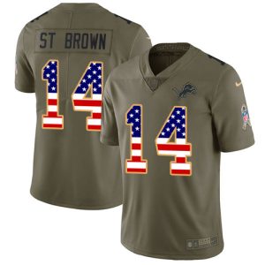 Exceptional Lions #14 Amon-Ra St. Brown Olive/USA Flag Men's Stitched NFL Limited 2017 Salute To Service Jersey