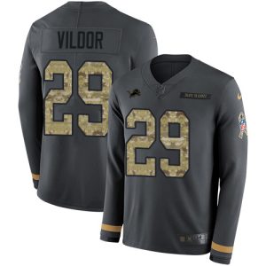 Exquisite Lions #29 Kindle Vildor Anthracite Salute to Service Men's Stitched NFL Limited Therma Long Sleeve Jersey
