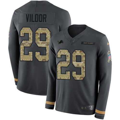 Exquisite Lions #29 Kindle Vildor Anthracite Salute to Service Men's Stitched NFL Limited Therma Long Sleeve Jersey