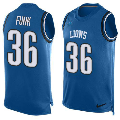 Premium Lions #36 Jake Funk Blue Team Color Men's Stitched NFL Limited Tank Top Jersey